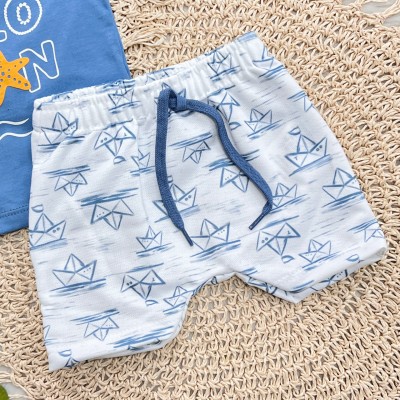 Conj. Camiseta Hello Ocean e Bermuda Barquinhos de Papel - Azul Jeans e Laranja